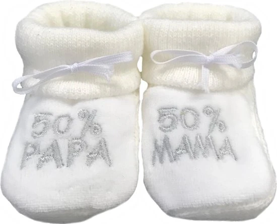 Gloednieuw ❤️ Petit Villain Wit/Grijs 50% Mama 50% Papa Newborn Slofjes ????