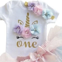 Hete verkoop ???? NNJXD 3 In 1 Set Cakesmash Outfit Meisje Babykleding Roze Paars Unicorn 1 Jaar / Eerste Verjaardag Jurk Eenhoorn Outfit Meisje ????