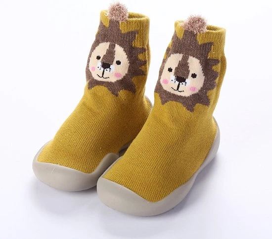 Uitgang ⌛ Baby-slofje.nl Anti-slip Schoentjes - Sok Sloffen - Eerste Loopschoentjes Van Baby-Slofje - Okergeel Leeuw - Maat 18/19 ❤️