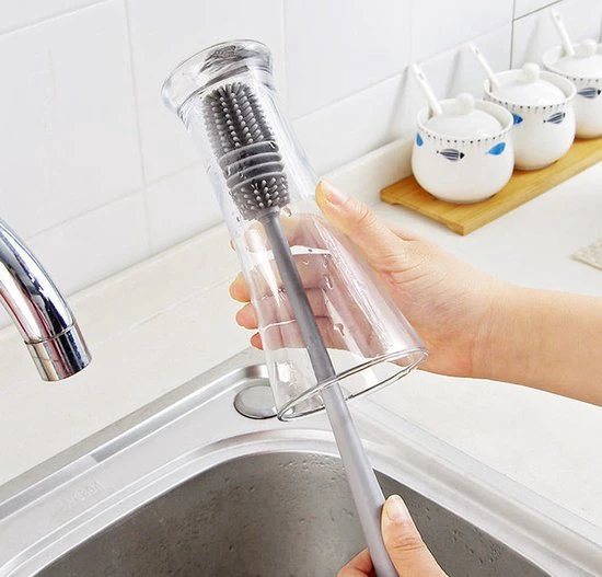 Beste Pirce ???? Merkloos Siliconen Flessenborstel - Om Lange En Smalle Flessen En Glazen Te Reinigen - Flessenreiniger - Babyfles Schoonmaakborstel - Flesvoedingsaccessoires - 32CM - Zwart/Grijs ???? - Afbeelding 5