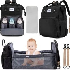 Korting ???? Faseras Multifunctionele Luiertas - Incl. Babybed & Verschoningsmatje - Isolatie - Met USB - 3-in-1 Verzorgingstas - Zwart ????