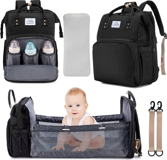 Korting ???? Faseras Multifunctionele Luiertas - Incl. Babybed & Verschoningsmatje - Isolatie - Met USB - 3-in-1 Verzorgingstas - Zwart ????