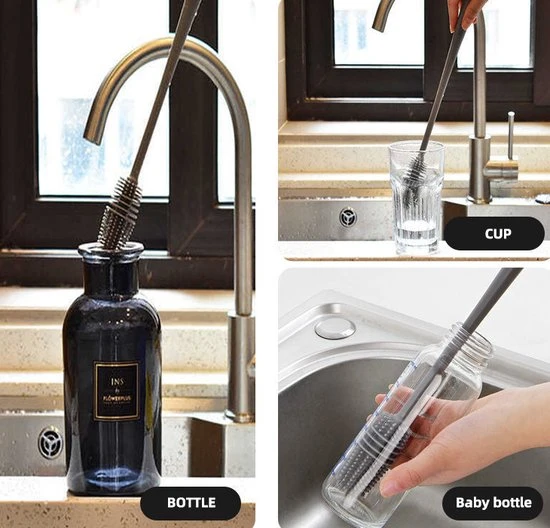 Beste Pirce ???? Merkloos Siliconen Flessenborstel - Om Lange En Smalle Flessen En Glazen Te Reinigen - Flessenreiniger - Babyfles Schoonmaakborstel - Flesvoedingsaccessoires - 32CM - Zwart/Grijs ???? - Afbeelding 3