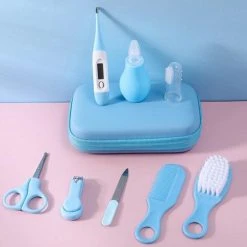 Uitgang ???? Tusunny 9-delige Baby Verzorgingsset - BLAUW - Baby Borstel - Baby Verzorgingsproducten - Nagelset - Manicure Set - Kraam Cadeau - GRATIS Opberg/-Reisdoosje ????
