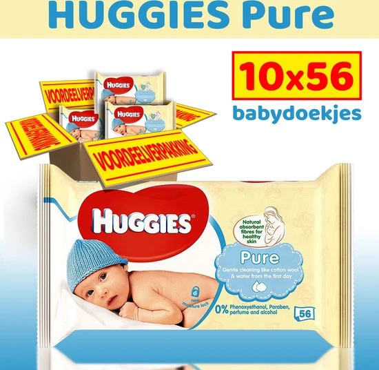 Hete verkoop ???? Huggies Billendoekjes Pure 99% Water - Voordeelverpakking 10x56 = 560 Doekjes ????