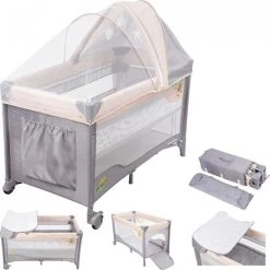 Korting ???? Moby-System Moby System Campingbedje - Reisbedje Baby - Met Matras Commode Bodemverhoger En Klamboe - Inklapbare Box ????